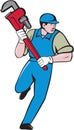 Plumber Running Monkey Wrench Cartoon