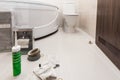 Plumber`s materials and sealent for fixing equipment in a bathroom and toilet room, plumbing repair service, assemble Royalty Free Stock Photo