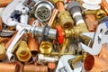 Plumber`s tools, pipes and fittings