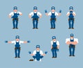 Plumber set poses and motion. Fitter happy and yoga. Serviceman