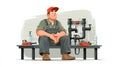 Plumber Sitting on Bench with Tools and Pipes in Background Royalty Free Stock Photo