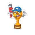 Plumber soccer trophy above cartoon wooden table