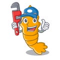 Plumber steamed fresh raw shrimp on mascot cartoon