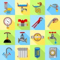 Plumber symbols icons set, flat style