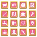 Plumber symbols icons set pink square vector