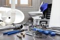 plumber tools and equipment in a bathroom, plumbing repair service, assemble and install concept Royalty Free Stock Photo