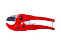 Plumber tools isolated. Closeup of a red PVC pipe cutter for cutting plastic pipes isolated on a white background. Clipping path. Royalty Free Stock Photo