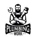 Plumbing work, construction service emblem or logo. Plumber with tools symbol. Vector illustration Royalty Free Stock Photo