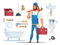 Plumber with tools and working accessories set