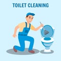 Plumber in Uniform with Plunger Clean Toilet Bowl