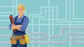 Plumber woman on the piping system background