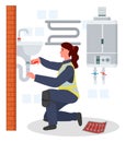 Plumber woman repairing adjusting fixing sink tube or pipe in bath, plumbing work, not female work Royalty Free Stock Photo