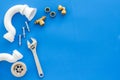 Plumber work with instruments, tools and gear on blue background top view mock up Royalty Free Stock Photo