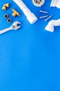 Plumber work with instruments, tools and gear on blue background top view mock up Royalty Free Stock Photo