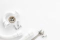 Plumber work with instruments, tools and gear on white background top view mock up