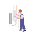 Plumber worker cartoon character in uniform repairing broken gas boiler water heater with tools