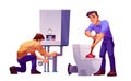 Plumber worker repair toilet and boiler home set