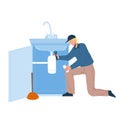 Plumber In Working Overall Fixing Sink Vector Royalty Free Stock Photo