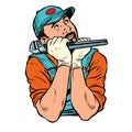 Plumber with wrench dreamer thinks. isolate on white background