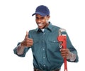 Plumber with wrench isolated white background. Royalty Free Stock Photo