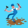 Plumber with wrench and plunger contour style. The plumber goes Royalty Free Stock Photo
