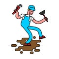 Plumber with wrench and plunger contour style. The plumber goes Royalty Free Stock Photo