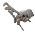 Plumber's hand in glove holding a pipe wrench isolated on white background Royalty Free Stock Photo