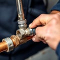 A plumbers hand inserting a compression fitting into a copper pipe with focus on the precision and tool use