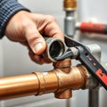 A plumbers hand inserting a compression fitting into a copper pipe with focus on the precision and tool use