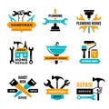 Plumbing badges. Home renovation logo handyman domestic bathroom repair recent vector construction symbols