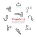 Plumbing banner, water pipes, sewerage line icon set. Vector illustration.