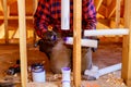 Plumbing building contractor installing plastic drain pipe in the elbow for sink drain for a custom house Royalty Free Stock Photo