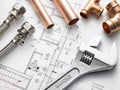 Plumbing Equipment On House Plans Royalty Free Stock Photo