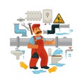 Plumbing service vector flat poster of plumber repair equipment for kitchen or bathroom sewerage leakage