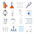 Plumbing equipment and tools vector icons
