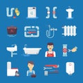 Plumbing Flat Icons Collection Blue Background