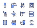 Plumbing flat line icon set blue color. Vector illustration water supply, plumber, faucet, bathtub, restroom, shower stall, sink,