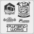 Plumbing and home renovation services emblems with working tools. Logos template and design elements.