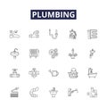 Plumbing line vector icons and signs. Leaking, Drainage, Toilets, Faucets, Sink, Basin, Bathtub, Fixtures outline vector