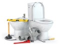 Plumbing repair service. Bowl and bidet with plumbing tools for a plumber and pvc plastic tubes