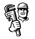 Plumber with an adjustable wrench. Plumbing repair work emblem or logo. Black and white vector illustration