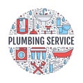 Plumbing service banner illustration. Vector line icons of house bathroom equipment, faucet, toilet, pipeline, washing Royalty Free Stock Photo