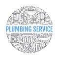 Plumbing service banner illustration. Vector line icons of house bathroom equipment, faucet, toilet, pipeline, washing Royalty Free Stock Photo