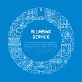 Plumbing service blue banner illustration. Vector line icon of house bathroom equipment, faucet, toilet, pipeline Royalty Free Stock Photo