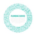 Plumbing service blue banner illustration. Vector line icon of house bathroom equipment, faucet, toilet, pipeline Royalty Free Stock Photo