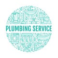 Plumbing service blue banner illustration. Vector line icon of house bathroom equipment, faucet, toilet, pipeline Royalty Free Stock Photo