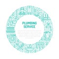 Plumbing service blue banner illustration. Vector line icon of house bathroom equipment, faucet, toilet, pipeline Royalty Free Stock Photo