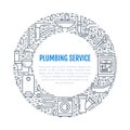 Plumbing service blue banner illustration. Vector line icon of house bathroom equipment, faucet, toilet, pipeline Royalty Free Stock Photo