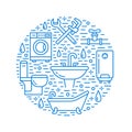 Plumbing service blue banner illustration. Vector line icon of house bathroom equipment, faucet, toilet, pipeline Royalty Free Stock Photo