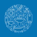 Plumbing service blue banner illustration. Vector line icon of house bathroom equipment, faucet, toilet, pipeline Royalty Free Stock Photo